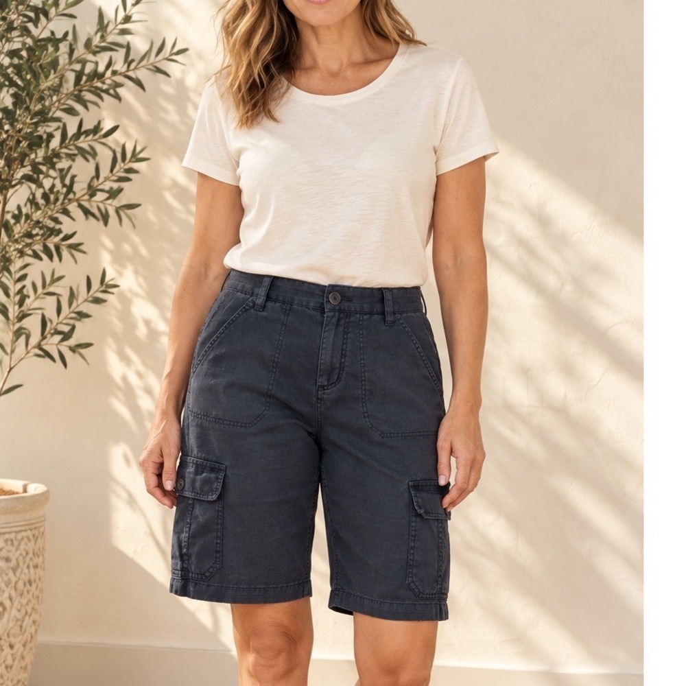 Tommy Hilfiger Womens 8 Linen Cargo Shorts Navy Blue Utility Bermuda 100% Linen